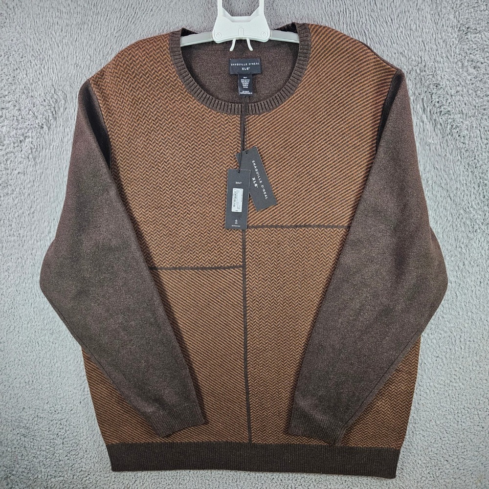 Shaquille O'Neal XLG Mens 3XLT‎ Brown Herringbone Crew Neck Sweater NWT Big&Tall